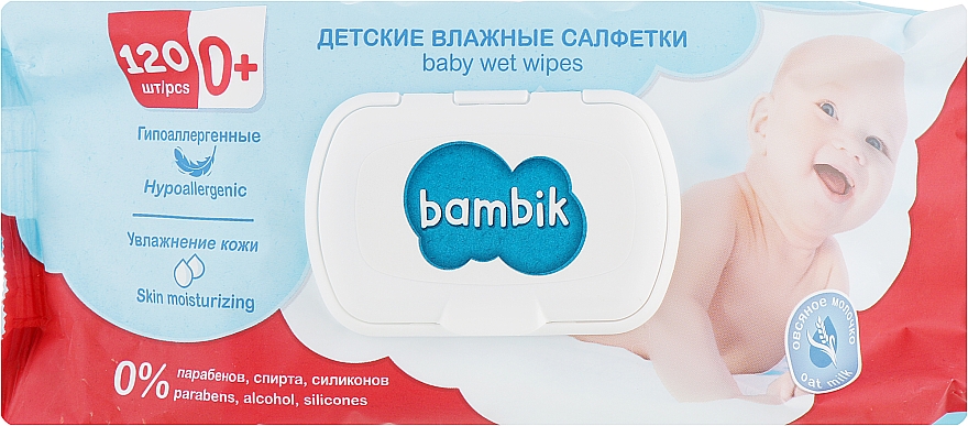 Nawilżane chusteczki dla niemowląt z mlekiem owsianym, 120 szt. - Bambik Baby Wet Wipes — Zdjęcie N1
