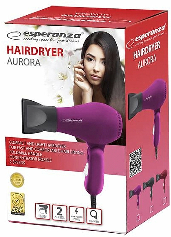 Suszarka do włosów, fioletowa - Esperanza EBH003P Hair Dryer Aurora — Zdjęcie N2