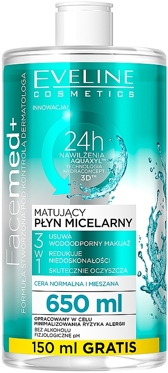 Matujący płyn micelarny 3 w 1 - Eveline Cosmetics Facemed +