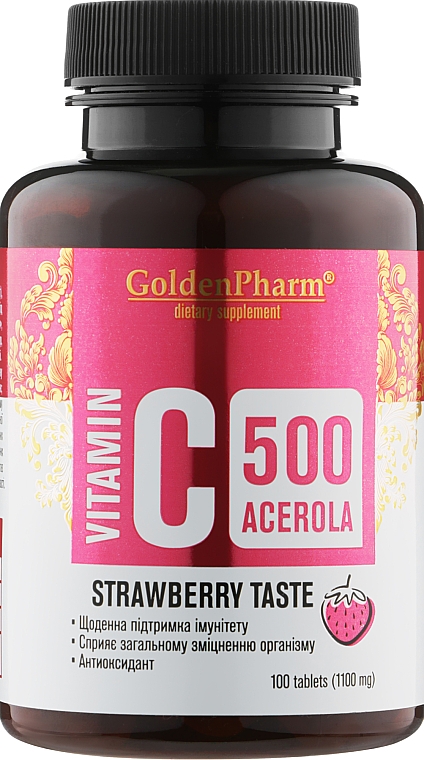 Witamina C Acerola o smaku truskawkowym, 100 tabletek - Golden Pharm — Zdjęcie N1