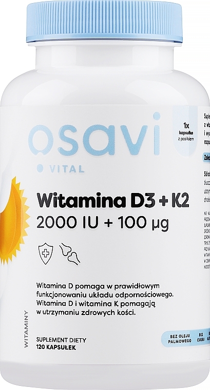 Suplement diety Witamina D3 + K2 - Osavi Vitamin D3 + K2 2000 IU