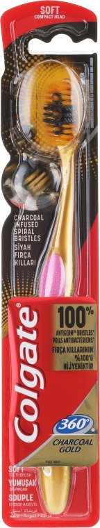 Miękka szczoteczka do zębów, różowo-złota - Colgate 360 Charcoal Gold Soft Toothbrush — Zdjęcie N1
