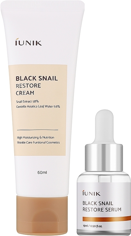 PRZECENA! Zestaw do twarzy z ekstraktem ze śluzu czarnego ślimaka - iUNIK Black Snail Restore Edition Set (cr/60ml + serum/15ml) * — Zdjęcie N2