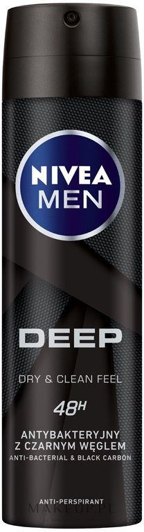 Antybakteryjny antyperspirant w sprayu z aktywnym węglem dla mężczyzn - NIVEA MEN Deep Dry & Clean Feel Antiperspirant — Zdjęcie 150 ml