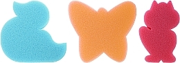Zestaw gąbek do kąpieli dla dzieci, 3 szt., niebieska kaczka+pomarańczowy motyl+różowy kot - Ewimark — Zdjęcie N1