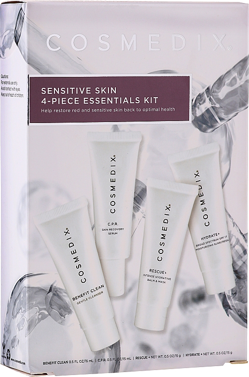 Zestaw - Cosmedix Sensitive Skin 4-Piece Essentials Kit (f/cleanser/15ml + f/ser/15ml + f/balm/15ml + f/cr/15ml) — Zdjęcie N1