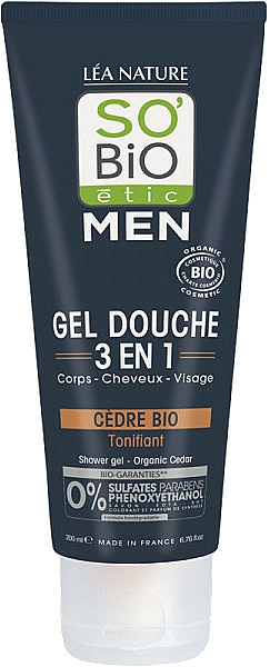Szampon, żel pod prysznic i żel do mycia twarzy 3 w 1 dla mężczyzn - So'Bio Etic Men Shower Gel Organic Cedar — Zdjęcie N1