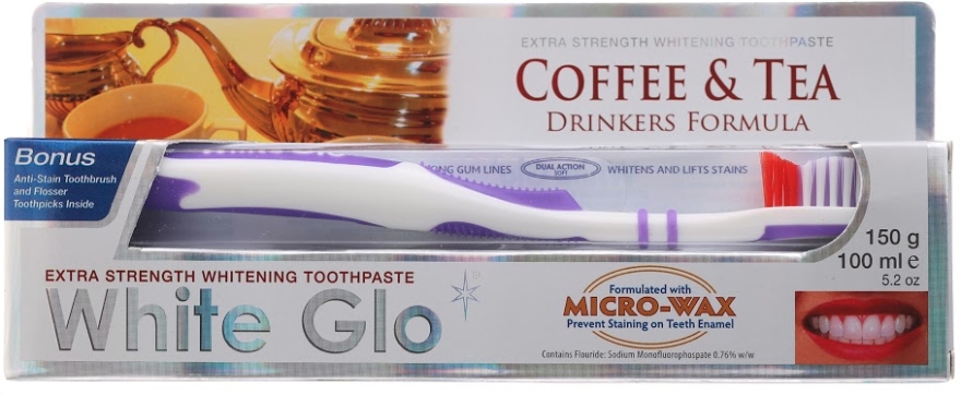 Zestaw: pasta do zębów wybielająca przebarwienia + fioletowa szczoteczka - White Glo Coffee & Tea Drinkers Formula (t/paste 100 ml + t/brush + flosser t/picks) — Zdjęcie N1