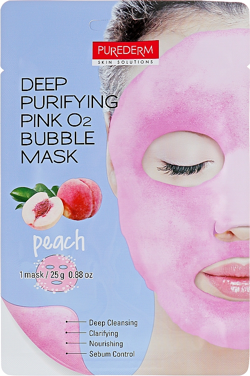 Oczyszczająca maseczka bąbelkowa do twarzy z brzoskwinią - Purederm Deep Purifying Green O2 Bubble Mask Peach