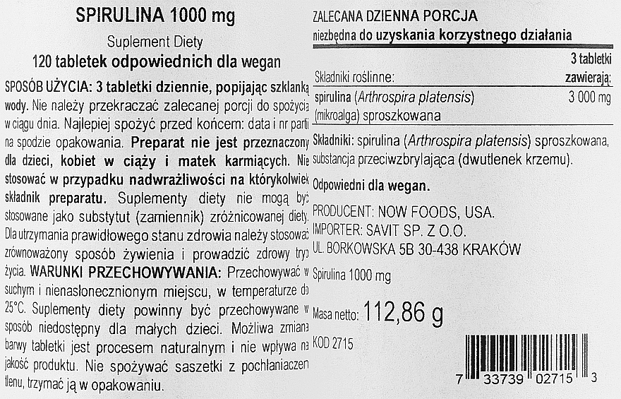 Naturalny suplement Spirulina 1000 mg w tabletkach - Now Foods Certified Organic Spirulina Tablets — Zdjęcie N2