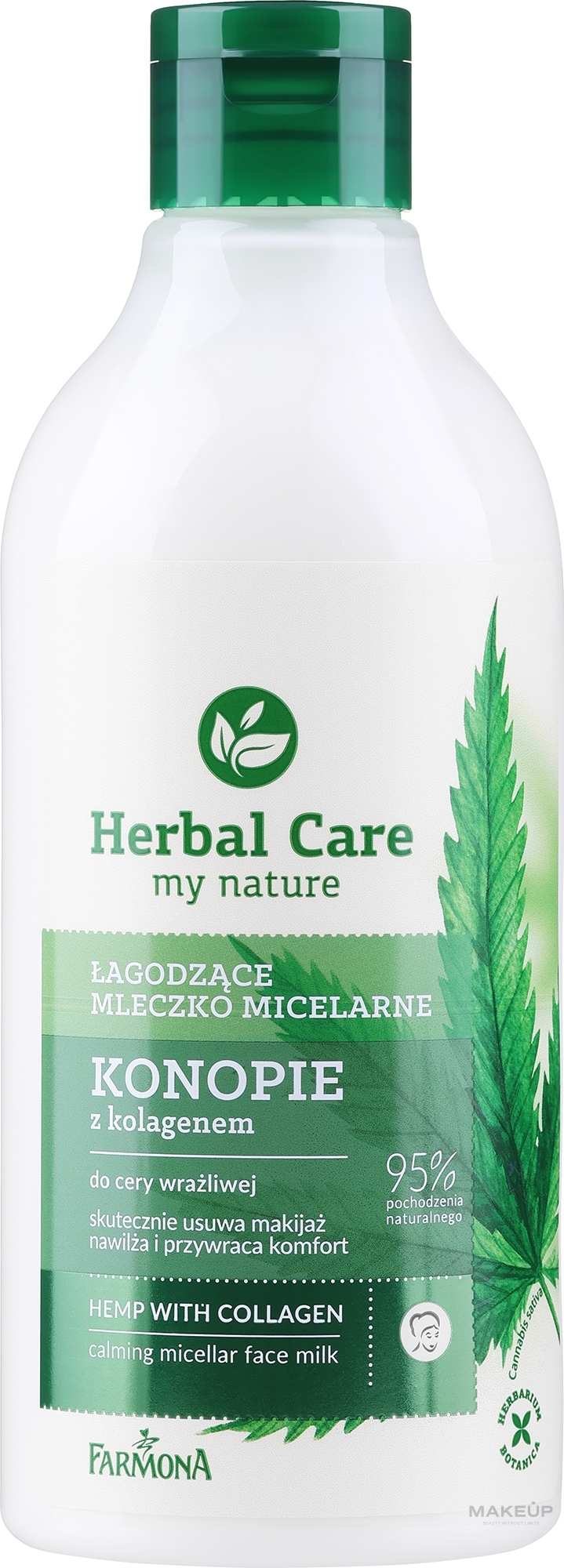 Łagodzące mleczko micelarne do cery wrażliwej Konopie z kolagenem - Farmona Herbal Care — Zdjęcie 400 ml