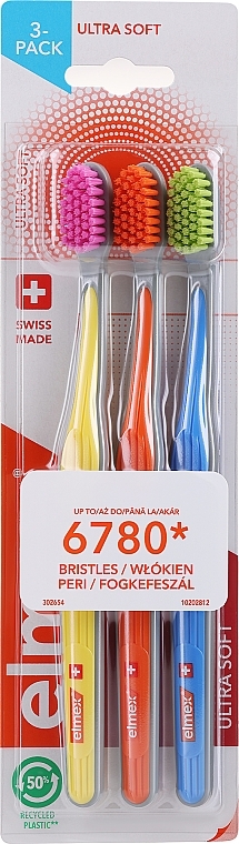 Szczoteczki do zębów, ultramiękkie, żółta + pomarańczowa + niebieska - Elmex Swiss Made — Zdjęcie N1