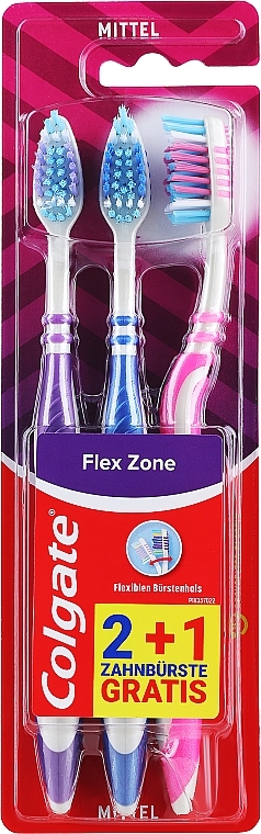 Zestaw średnio twardych szczoteczek do zębów, 3 sztuki, fioletowa+niebieska+różowa - Colgate Flex Zone — Zdjęcie N1