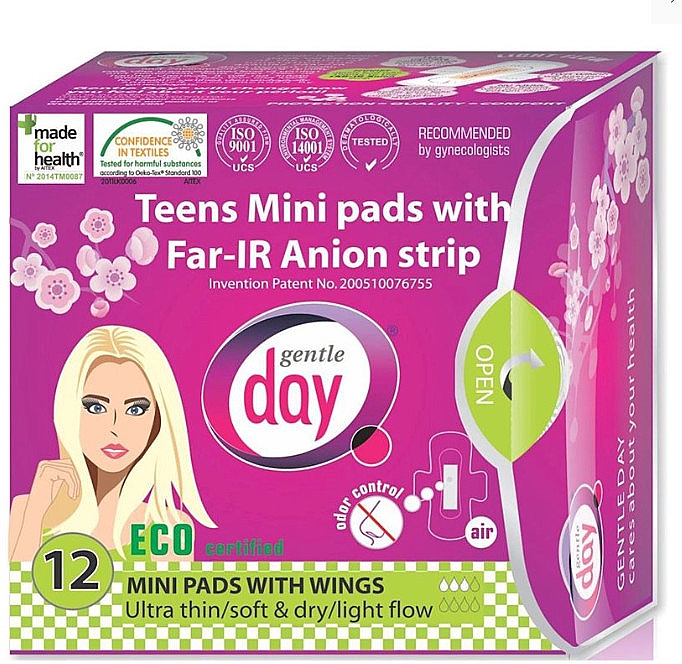Podpaski Mini na dzień dla nastolatek z paskiem anionowym, 12 szt. - Gentle Day Teens Mini Pads With Far-Ir Anion Strip — Zdjęcie N1