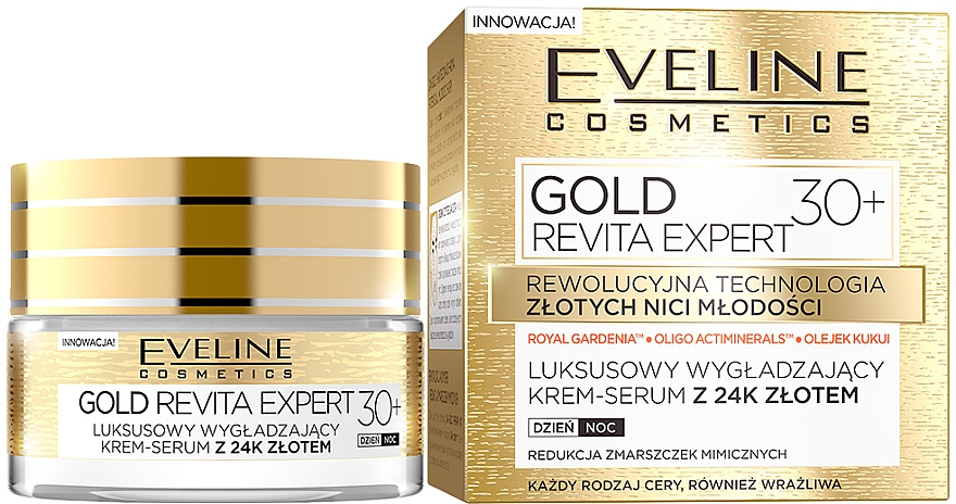 Luksusowy wygładzający krem-serum z 24-karatowym złotem na dzień i na noc 30+ - Eveline Cosmetics Gold Revita Expert