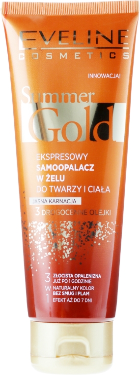 Ekspresowy samoopalacz w żelu do twarzy i ciała do jasnej karnacji 3 w 1 - Eveline Cosmetics Summer Gold Gel