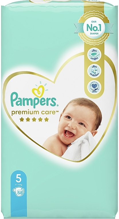Pieluchy Pampers Premium Care Rozmiar 5 (Junior), 11-16 kg, 58 sztuk - Pampers — Zdjęcie N1