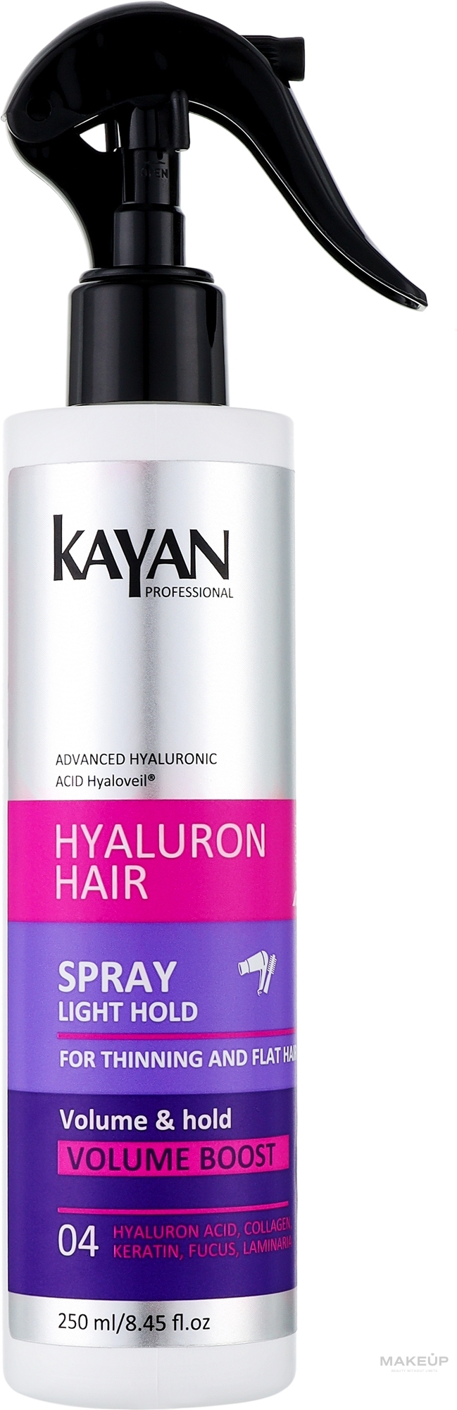 Spray do włosów cienkich i pozbawionych objętości - Kayan Professional Hyaluron Hair Spray — Zdjęcie 250 ml