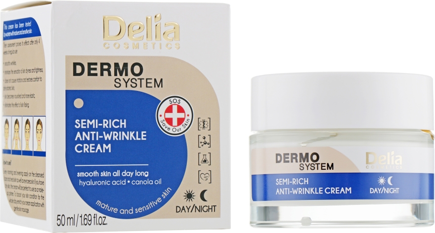Półtłusty przeciwzmarszczkowy krem do twarzy - Delia Dermo System Semi-Rich Anti-Wrinkle Cream — Zdjęcie N1