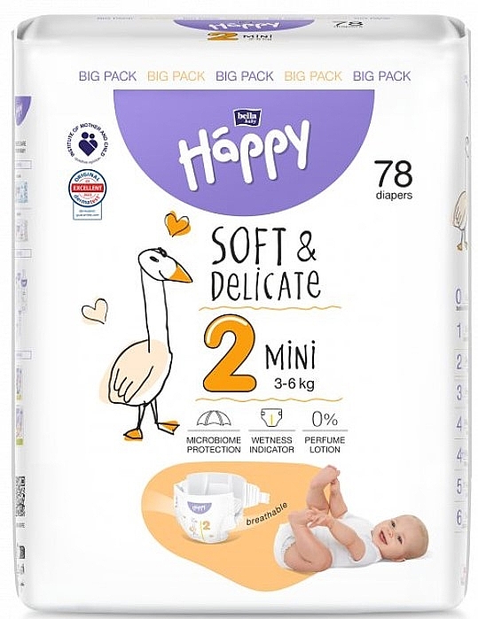 Pieluchy dziecięce 3-6 kg, rozmiar 2 Mini, 78 sztuk - Bella Baby Happy Soft & Delicate — Zdjęcie N1