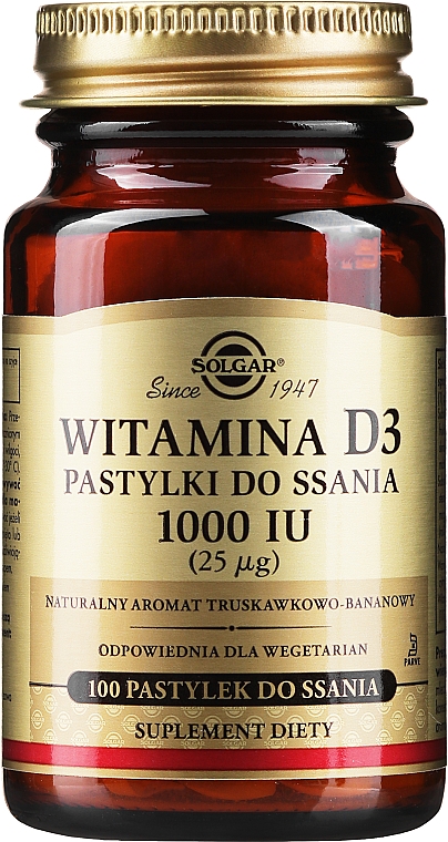 Witamina D3 1000 IU do ssania o smaku truskawkowo-bananowym - Solgar Vitamin D3 1000 IU — Zdjęcie N1