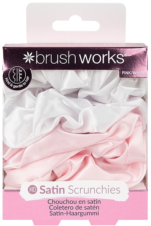 Satynowe gumki do włosów, różowo-białe, 4 sztuki - Brushworks Pink & White Satin Scrunchies — Zdjęcie N1