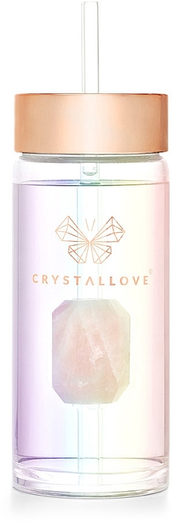 Szklana holograficzna butelka na wodę z kwarcem różowym i słomką, 400 ml - Crystallove Glass Hologram Water Bottle with Pink Quartz and Straw — Zdjęcie N6