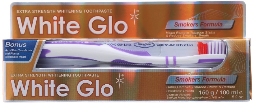 Zestaw: wybielająca pasta do zębów dla palaczy + fioletowa szczoteczka - White Glo Smokers Formula Whitening Toothpaste (toothpaste/100ml + toothbrush) — Zdjęcie N1