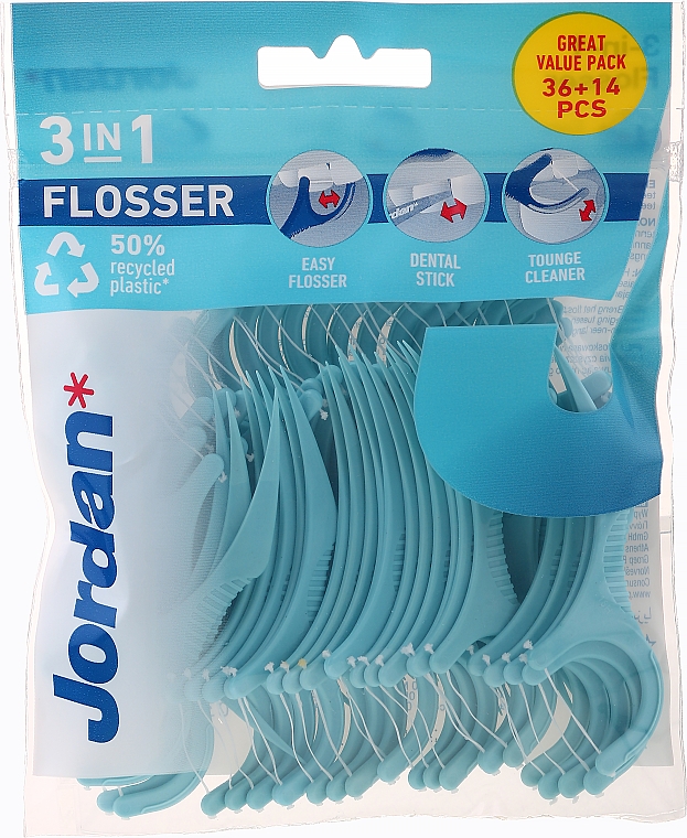 Nić dentystyczna 3 w 1, 36+14 sztuk, niebieska - Jordan 3-in-1 Flosser Dental Stick & Tongue Cleaner — Zdjęcie N1