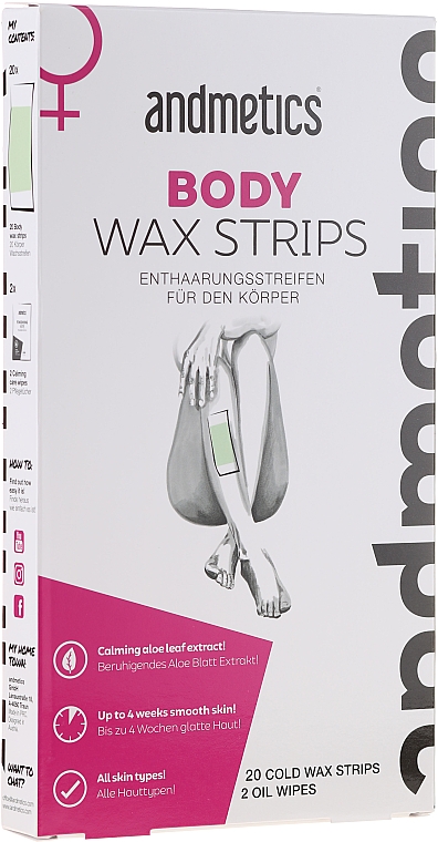Paski z woskiem do depilacji ciała - Andmetics Body Wax Strips (strips/20pcs + wipes/2pcs) — Zdjęcie N1