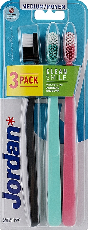 Szczoteczka o średniej twardości, 3 szt., różowa, turkusowa, czarna - Jordan Clean Smile Medium — Zdjęcie N1