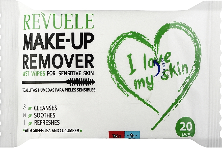 Chusteczki do demakijażu skóry wrażliwej z ekstraktem z zielonej herbaty i ogórka - Revuele Make-up Remover I Love My Skin Wet Wipes For Sensitive Skin — Zdjęcie N1