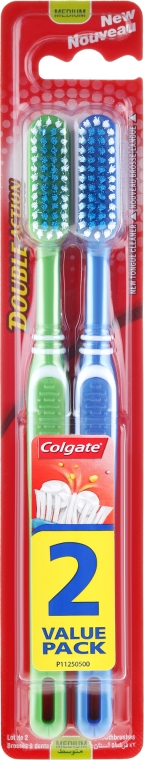 Szczoteczki do zębów, średnia twardość, zielona + niebieska - Colgate Double Action — Zdjęcie N1