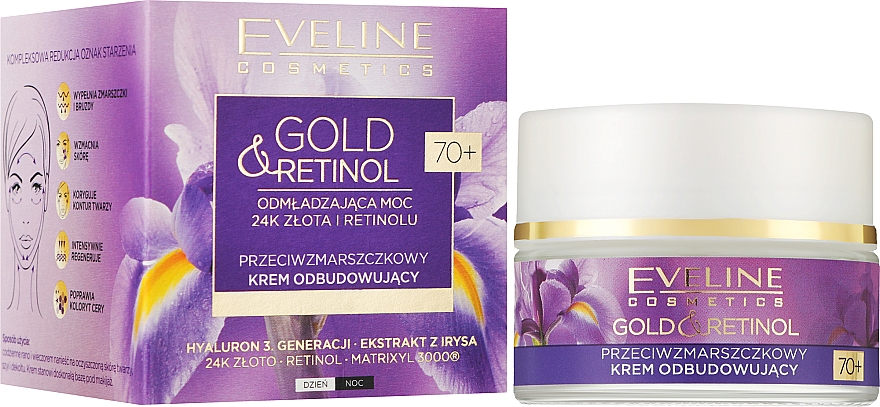 Przeciwzmarszczkowy krem odbudowujący do twarzy ze złotem i retinolem - Eveline Cosmetics Gold And Retinol 70 + — Zdjęcie N2