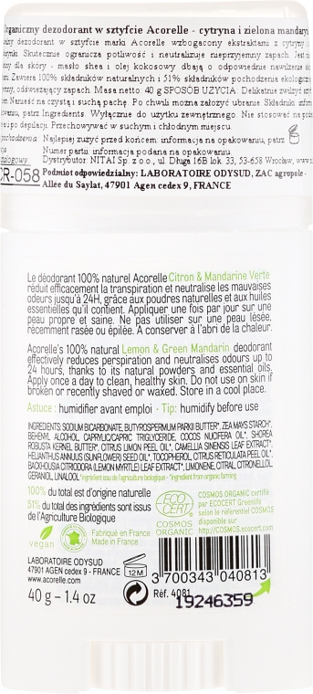 Naturalny dezodorant-balsam w sztyfcie Cytryna i zielona mandarynka - Acorelle Deodorant Balm — Zdjęcie N2