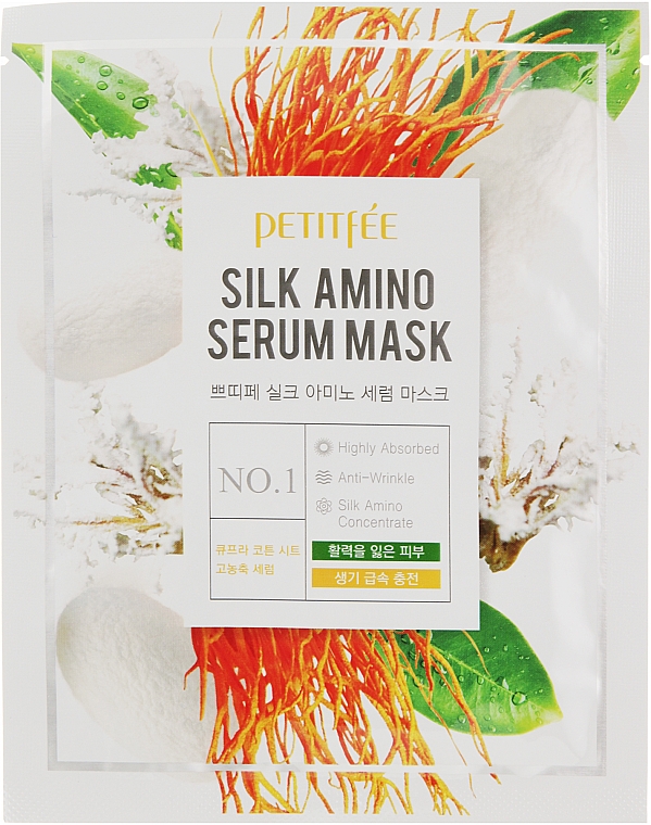 Maseczka do twarzy w płachcie z proteinami jedwabiu - Petitfee & Koelf Silk Amino Serum Mask — Zdjęcie N1