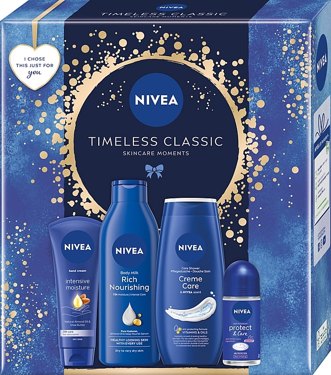 Zestaw - NIVEA Timeless Classic (sh/gel/250ml + b/milk/250ml + h/cr/100ml + deo/50ml) — Zdjęcie N1