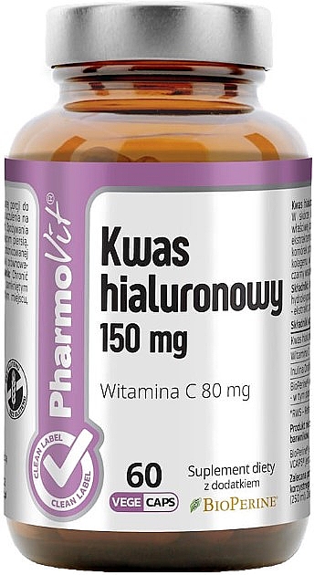 Kwas hialuronowy, 150 mg - Pharmovit Clean Label Hyaluronic Acid 150 Mg — Zdjęcie N1