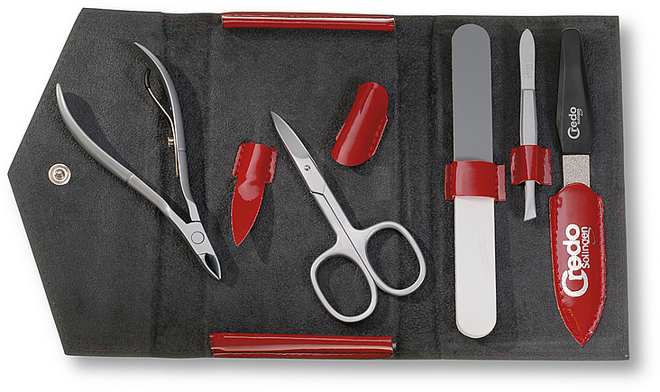 Zestaw do manicure, 5 sztuk - Credo Solingen Luxurious Red Leatherette Case — Zdjęcie N1