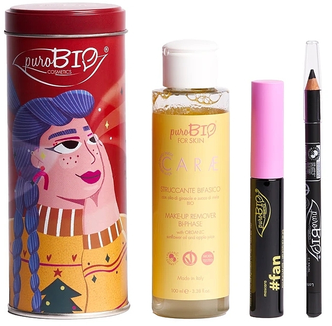 Zestaw - PuroBio Cosmetics Red Box Make-Up & Cleanser In A Set (mascara/8ml + eye/pencil/1.3g + remover/100ml) — Zdjęcie N1
