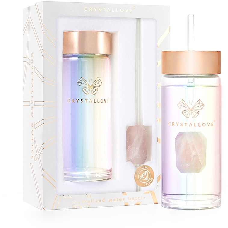 Szklana holograficzna butelka na wodę z kwarcem różowym i słomką, 400 ml - Crystallove Glass Hologram Water Bottle with Pink Quartz and Straw — Zdjęcie N1