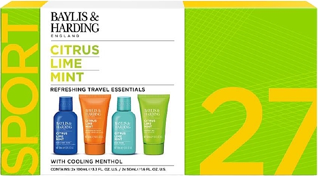 Zestaw - Baylis & Harding Citrus Lime Mint Refreshing Travel Essentials Gift Set (hair/body/wash/100ml + sh/gel/50ml + ash/balm/50ml + f/wash/100ml) — Zdjęcie N1