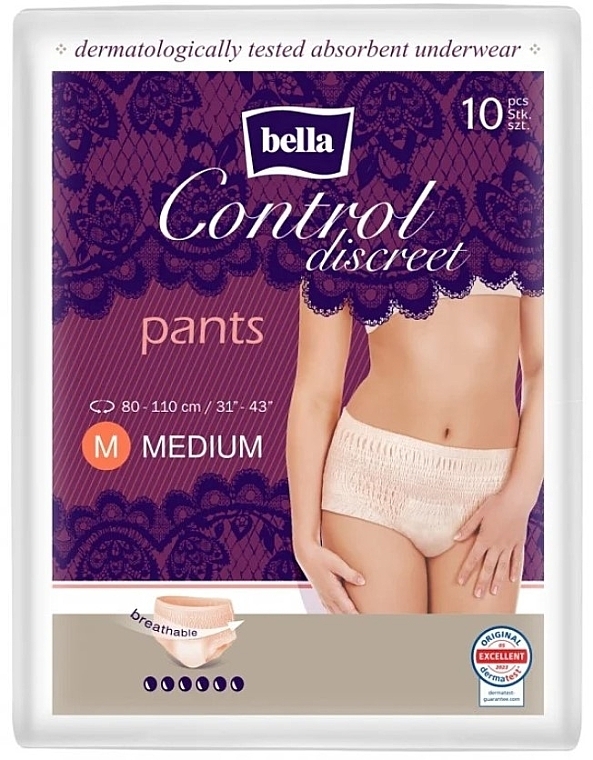Chłonne majtki damskie M, 80-110 cm, 10 sztuk - Bella Control Discreet Pants — Zdjęcie N1