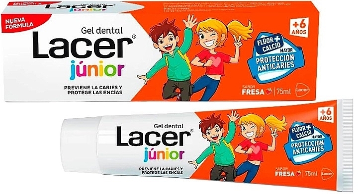 Truskawkowy żel do zębów dla dzieci z fluorem i wapniem - Lacer Junior Gel Dental Strawberry — Zdjęcie N1