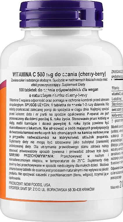 Witamina C-500 w tabletkach do żucia o smaku wiśniowo-jagodowym - Now Foods C-500 Chewable Cherry-Berry Tablets — Zdjęcie N2