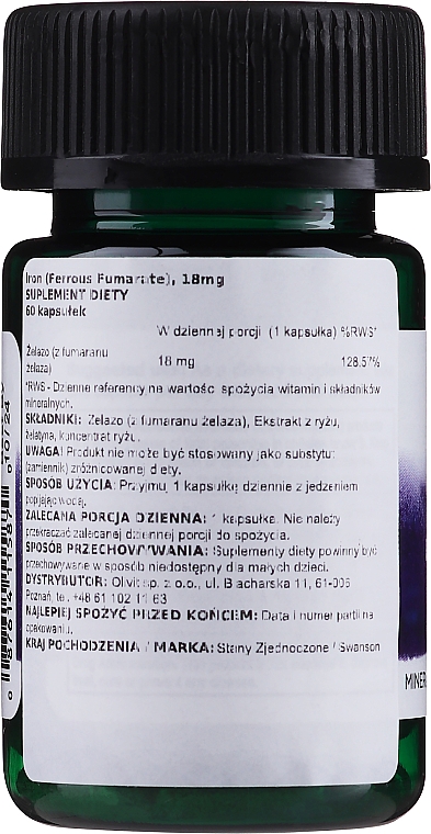 Suplement diety Żelazo o wysokim stężeniu, 18 mg - Swanson Iron Ferrous Fumarate 18 mg — Zdjęcie N2