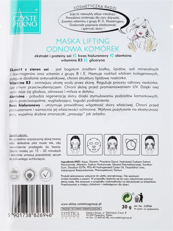 Maska z ekstraktem z soi Lifting i odnowa komórek - Czyste Piękno — Zdjęcie N2
