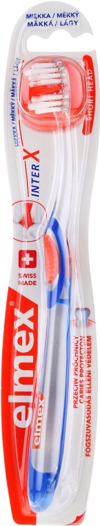 Miękka szczoteczka do zębów przeciw próchnicy, przezroczysto-niebiesko-pomarańczowa - Elmex Toothbrush Caries Protection InterX Soft Short Head — Zdjęcie N1