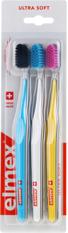 Ultramiękkie szczoteczki do zębów, niebieska + żółta + biała - Elmex Swiss Made — Zdjęcie N2