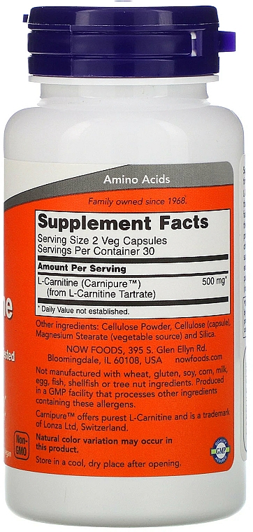 Kapsułki L-karnityna, 250 mg - Now Foods L-Carnitine — Zdjęcie N2